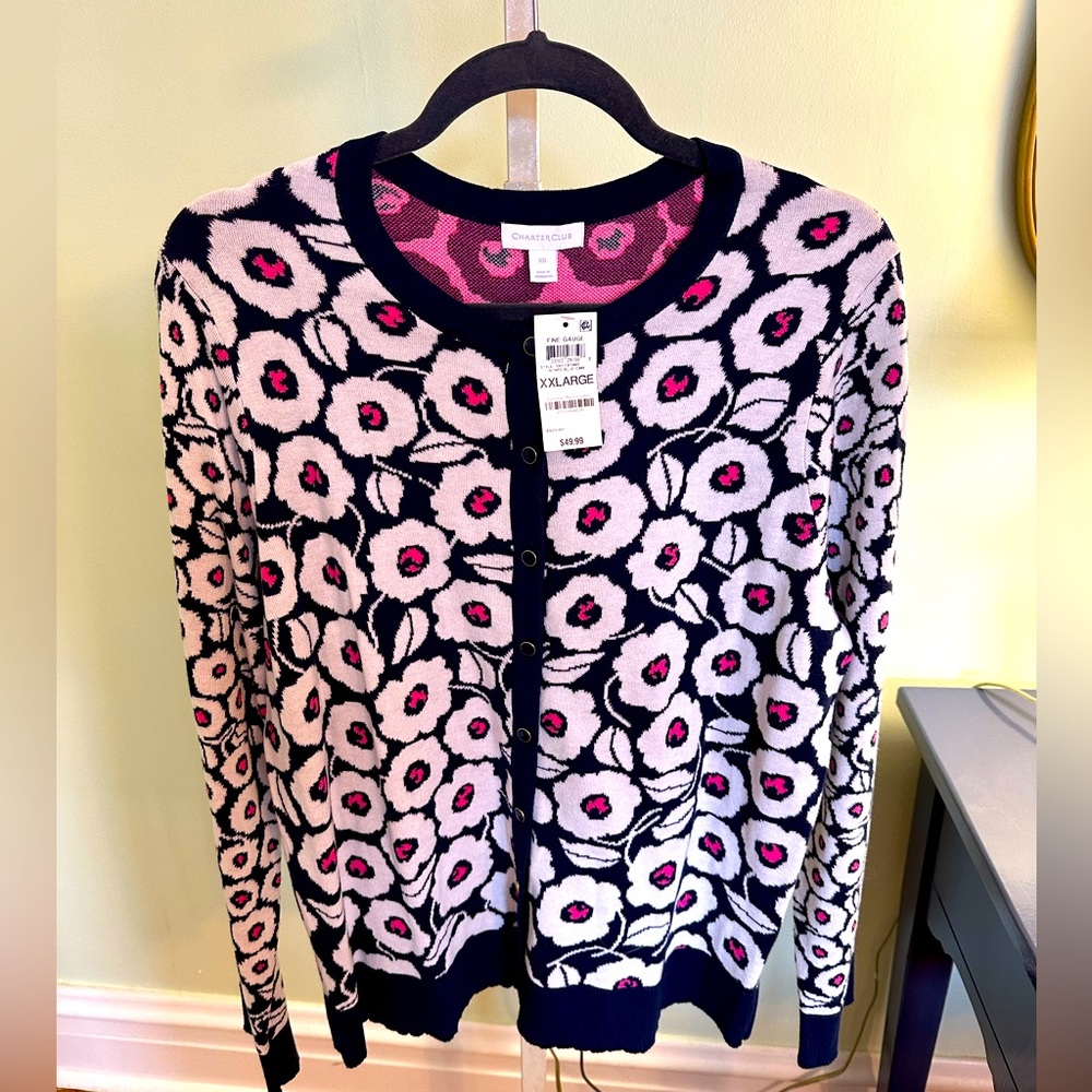 Charter Club size XXL NWT dark navy and pink cardigan